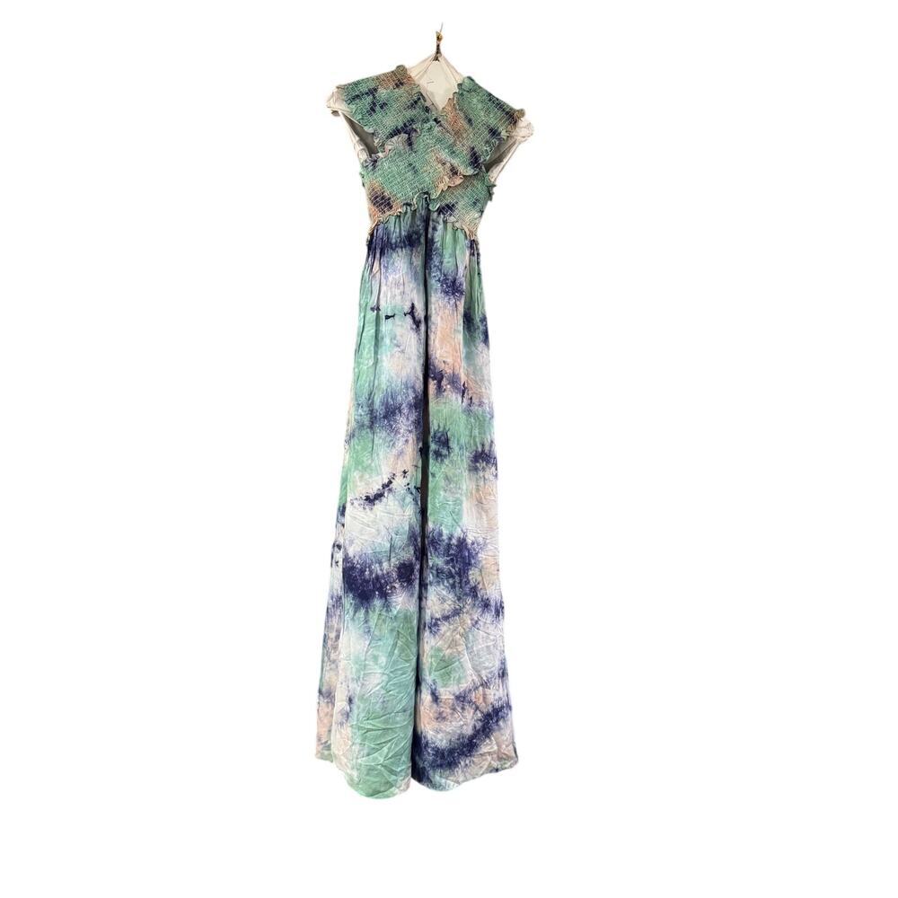 AQUA Tie Dye Maxi Dress Size Small Blue Green Smocked Ruffle Boho Side Slit - Picture 2 of 7